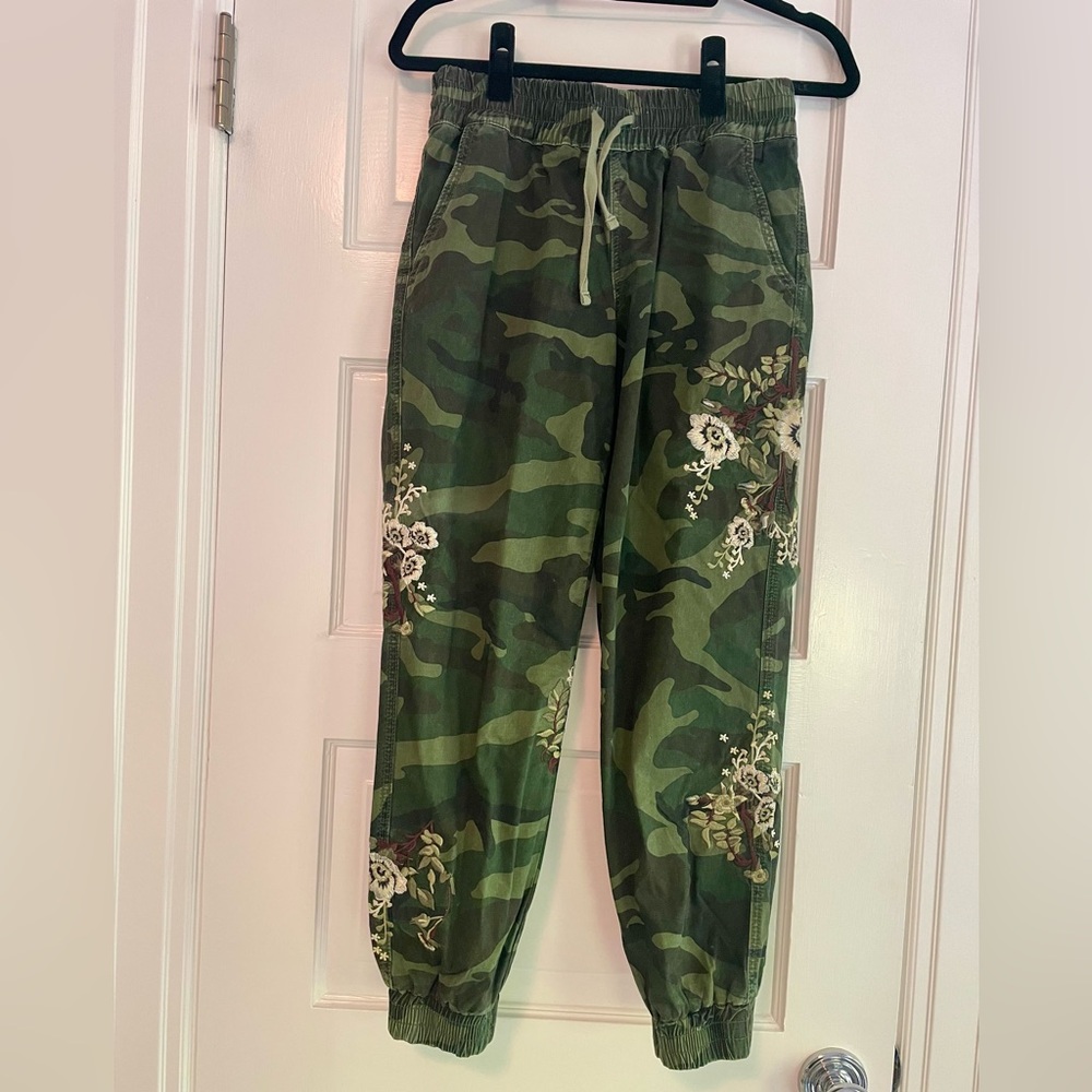 Anthropologie / Driftwood Camo Joggers with Floral Embroidery